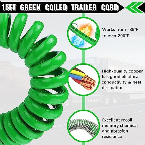Green ABS Electrical Power 15FT Longtail Coiled Cord – 7 Ways