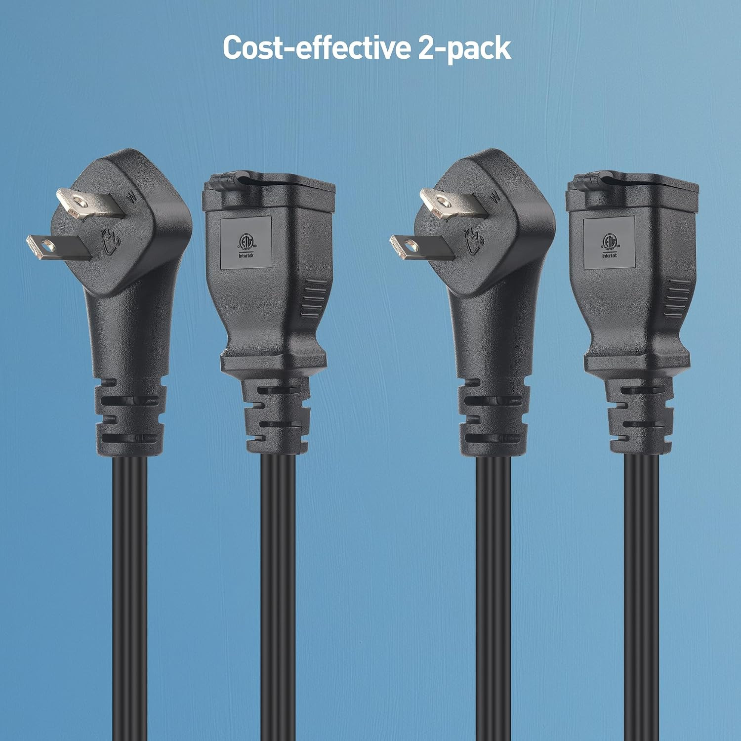 [ETL Listed] 2-Pack 13A, 2 Prong Extension Cord 3Ft in Black