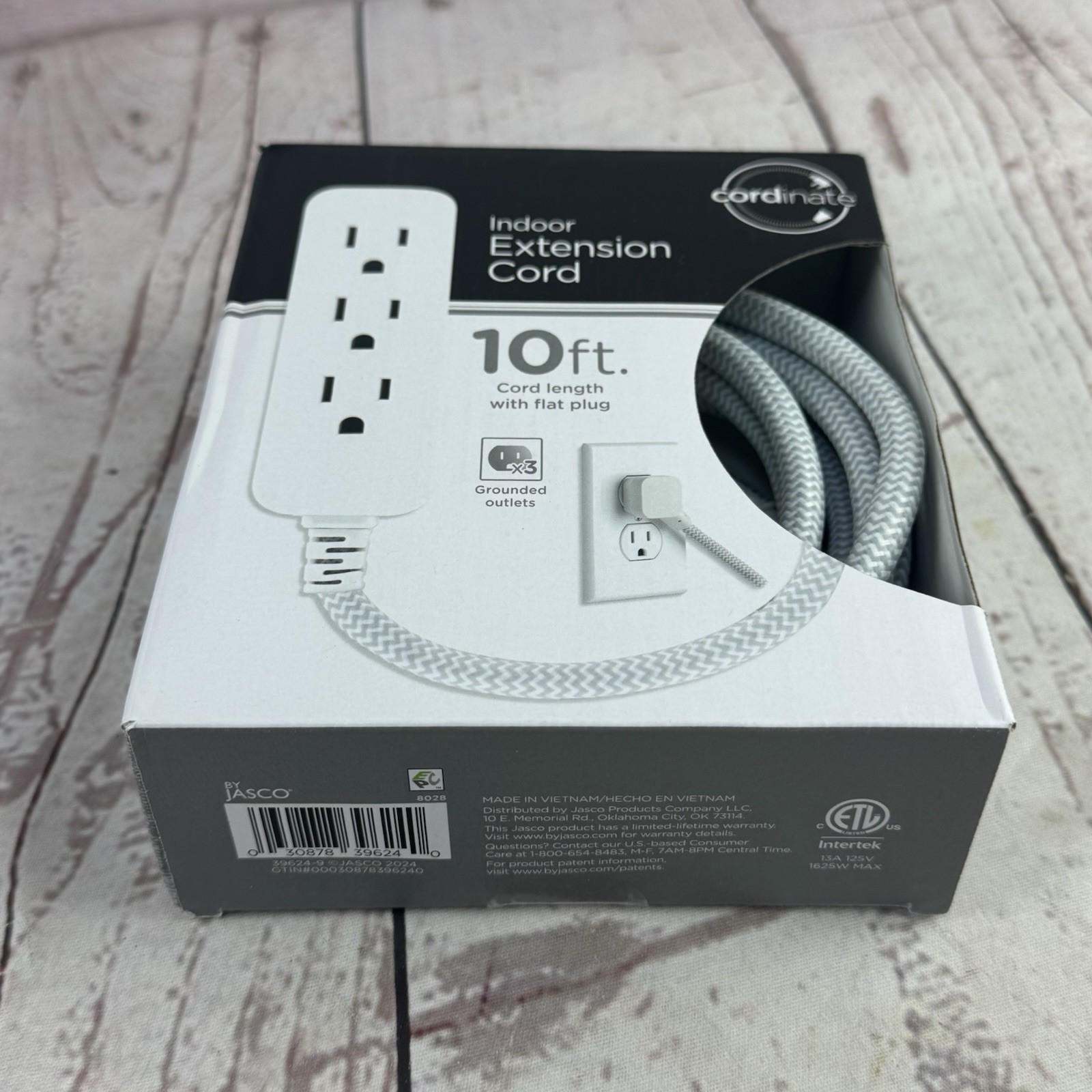 Cordinate Designer Extension Cord 10ft 3 Outlet Grounded Flat Plug White