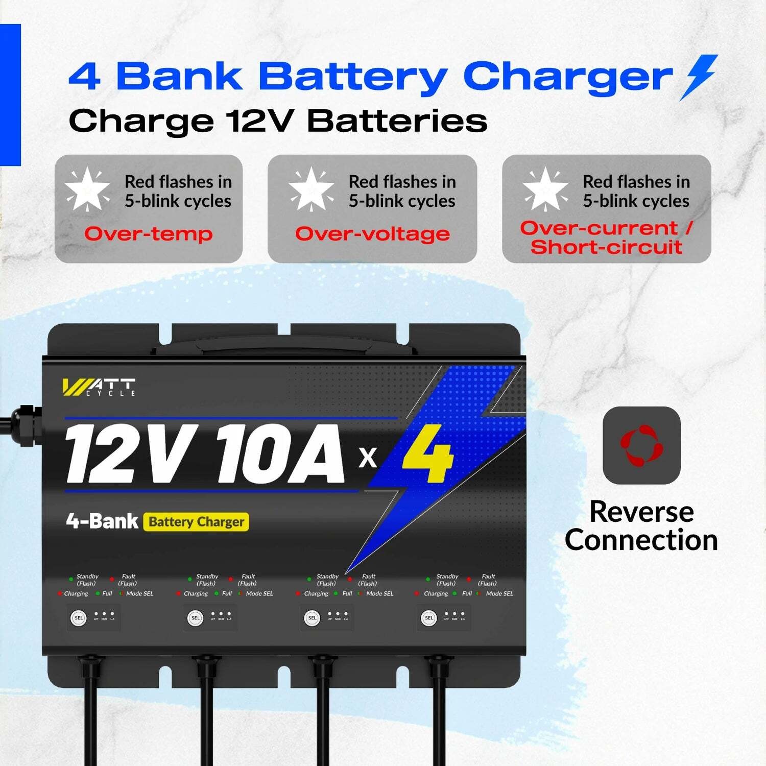 WattCycle 12V 10A 4 Bank LiFePO4 Smart Battery Charger LED Lithium Deep Cycle