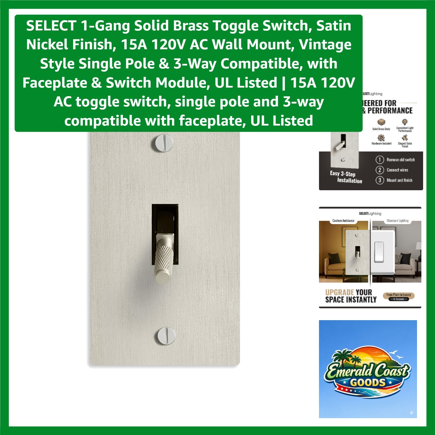 SELECT 1-Gang Solid Brass Toggle Switch, Satin Nickel Finish, 15A 120V AC Wal…