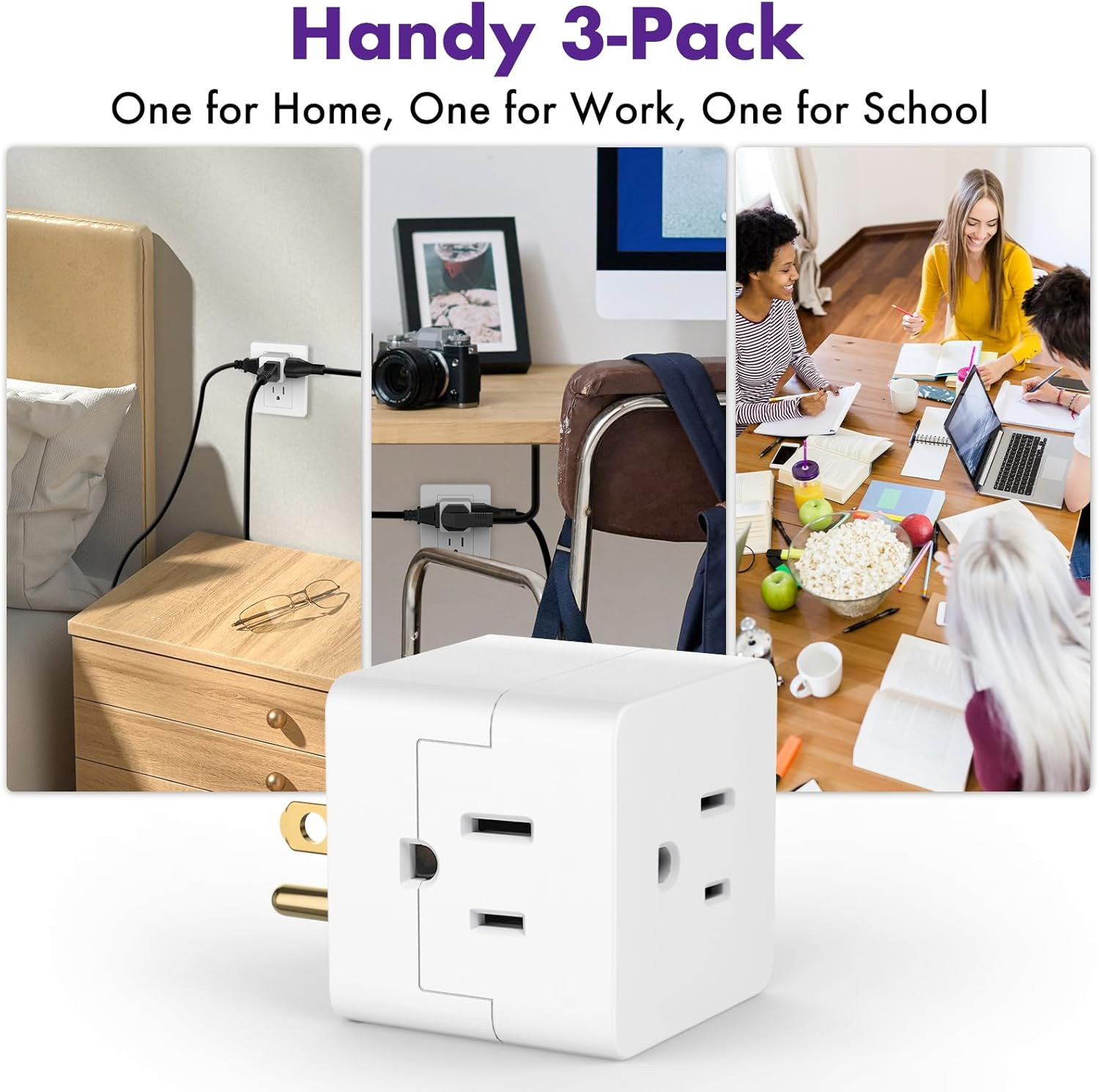 3 Outlet Cube Wall Adapter, 3 Pack, Recessed Outlet Extender, Low