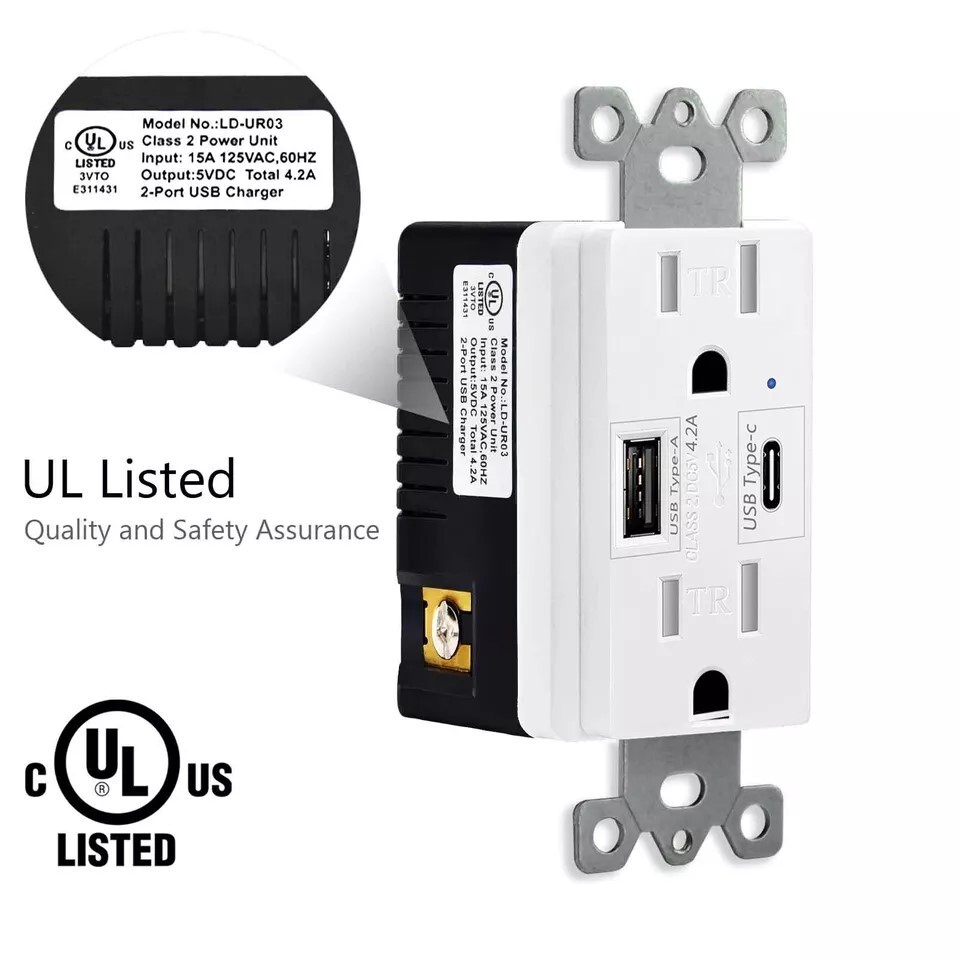 USB C Outlet Fast smart Charger 4.8A Duplex Receptacle 15A 125V Tamper Resistant