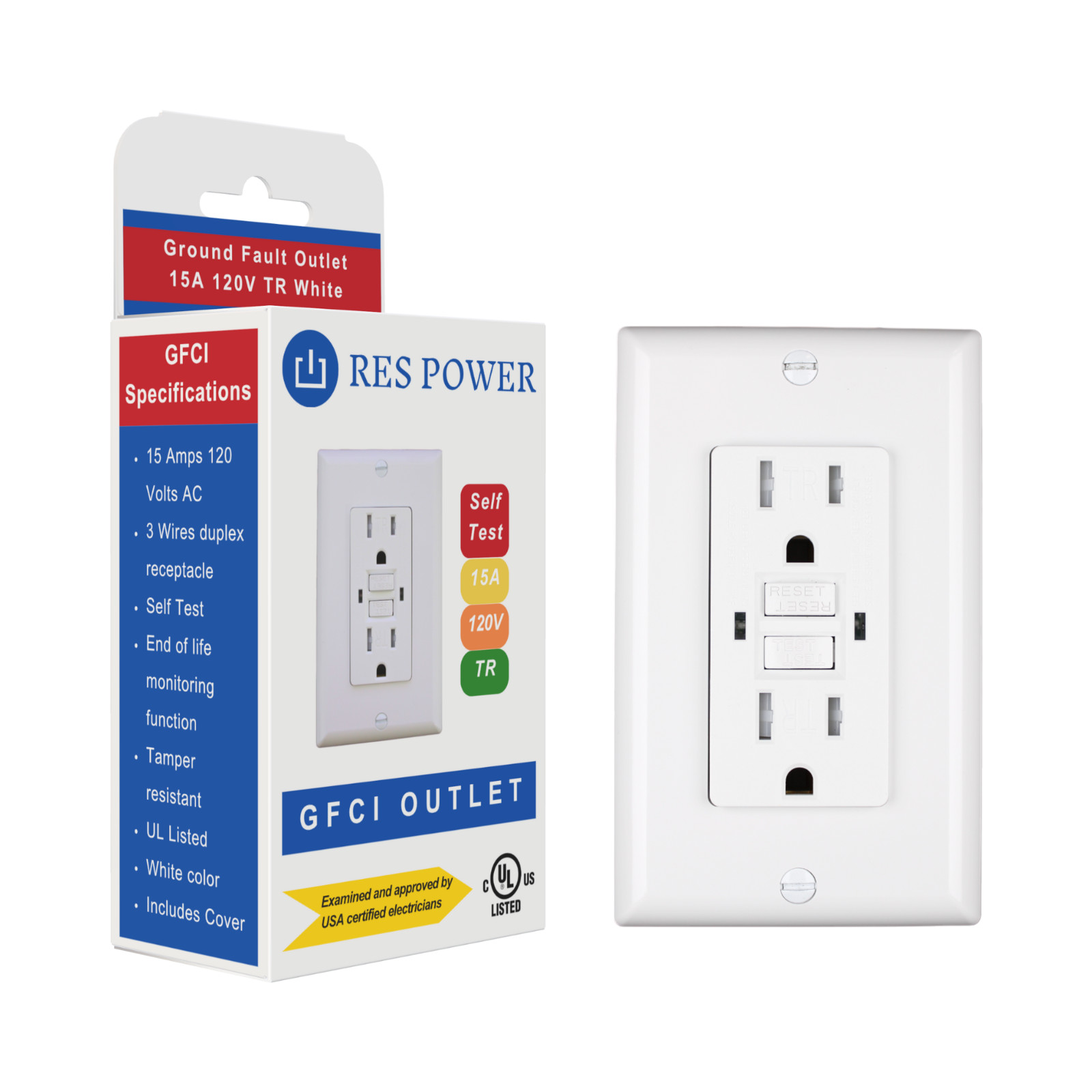 GFCI Outlet, 15 Amps 120 Volts, Tamper-Resistant, Self-Test RESGF15TR