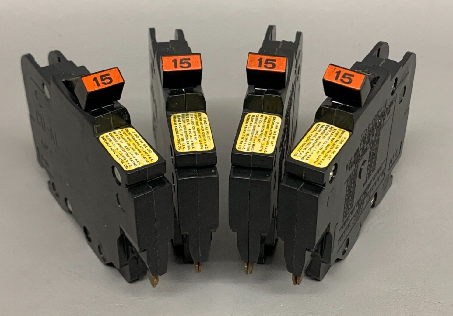 Lot of 4 – 15 Amp FEDERAL PACIFIC FPE 15A 1/2″ Thin Stab-Lok CIRCUIT BREAKERS