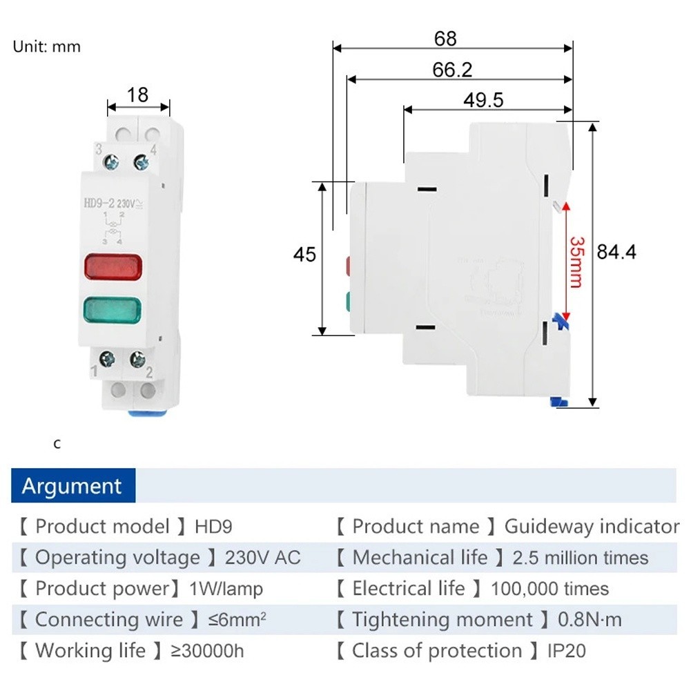 DIN Rail Mount LED Signal Lamp 230V Power Indicator Light for Control Panels