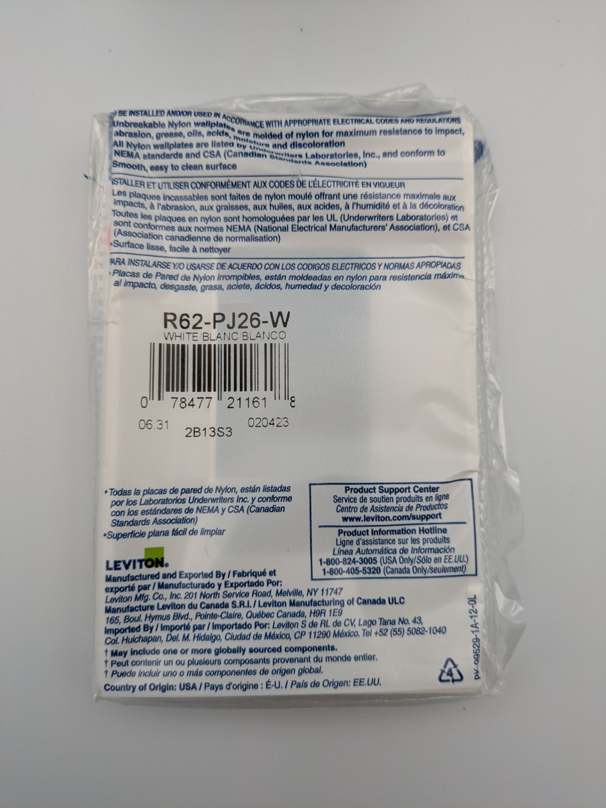 Leviton PJ26-WM Decora Wall Plate Midway Medium Nylon White USA Pack of 10 – P26