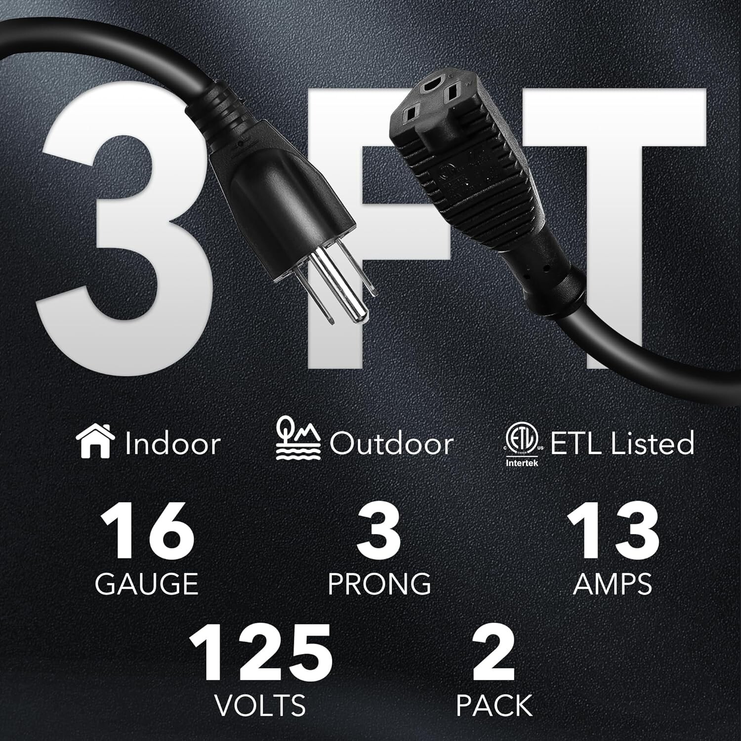 BN-LINK 2 Pack Outdoor Extension Cord 16/3 SJTW, PVC Cable Jacket,3-Prong,Black