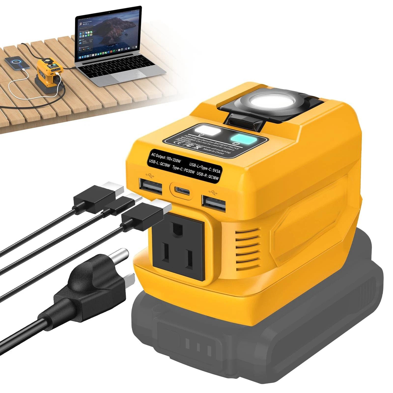 DC 20V to AC 110V Power Inverter Compatible with Dewalt 20V Battery 220W Output