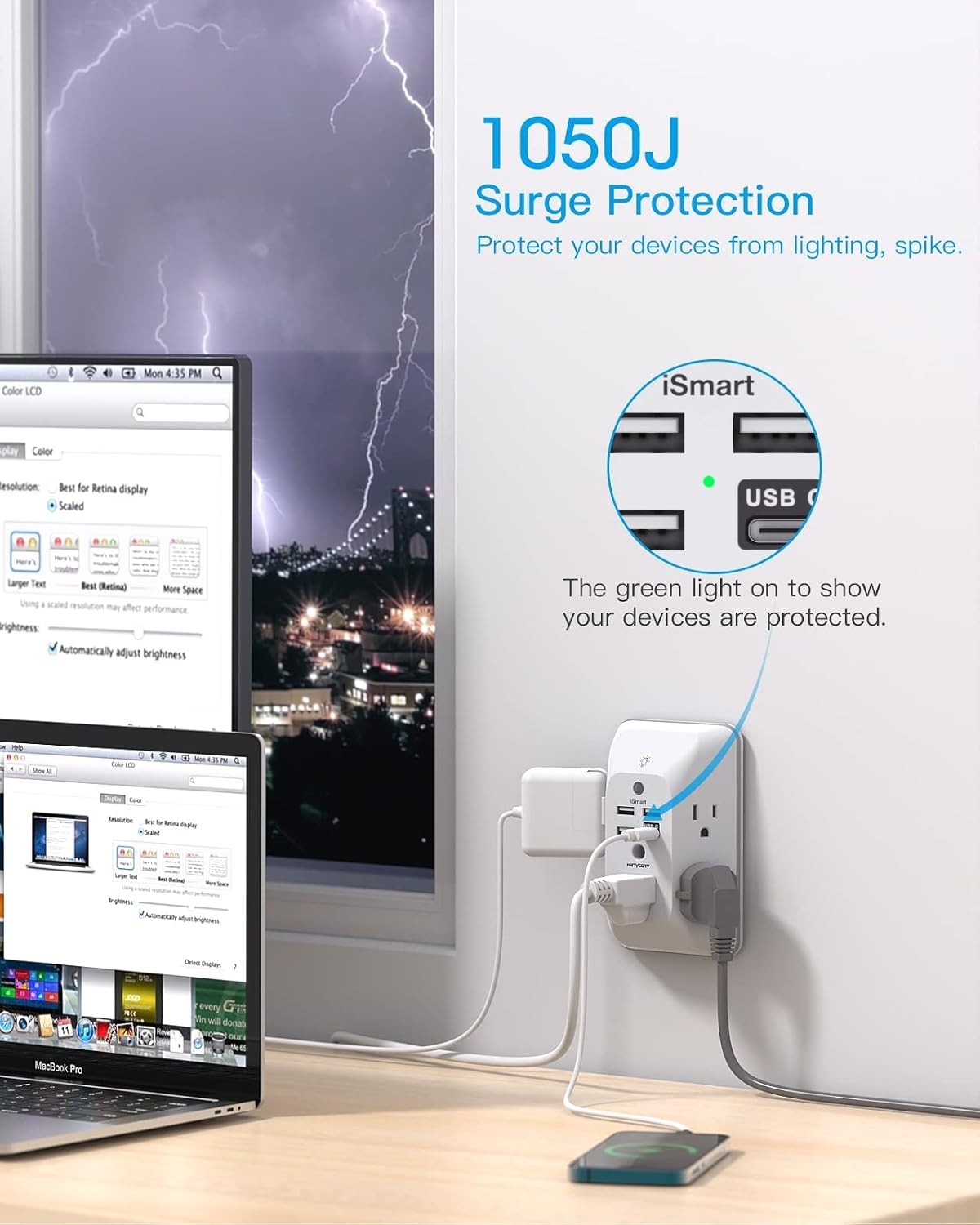 Outlet Extender with Night Light, Multi Plug Outlet USB Wall Charger Surge