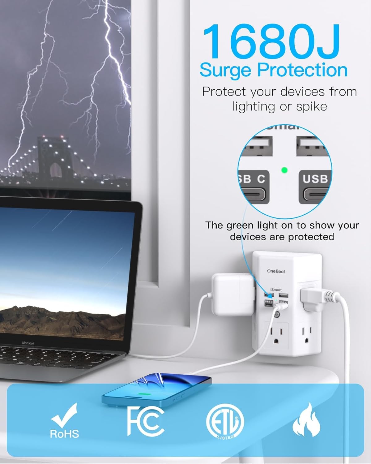 One Beat 1680J 3 Side Power Strip Multi Plug 15.5W,1Pack,None, White