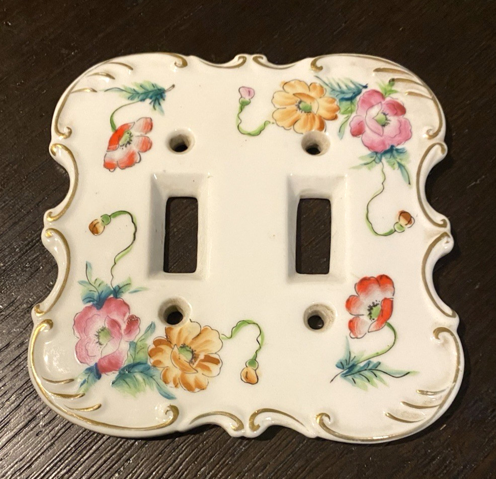 Vtg Cottage Floral Porcelain Double Light Switch Cover Ornate Victorian Style