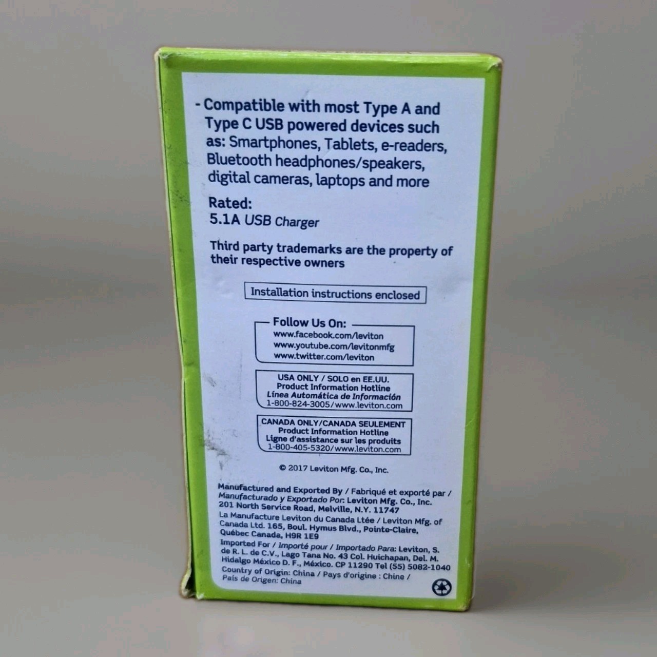 Leviton T5633-B Brown Duplex Outlet Tamper Resistant w/ USB-A & USB-C 15A