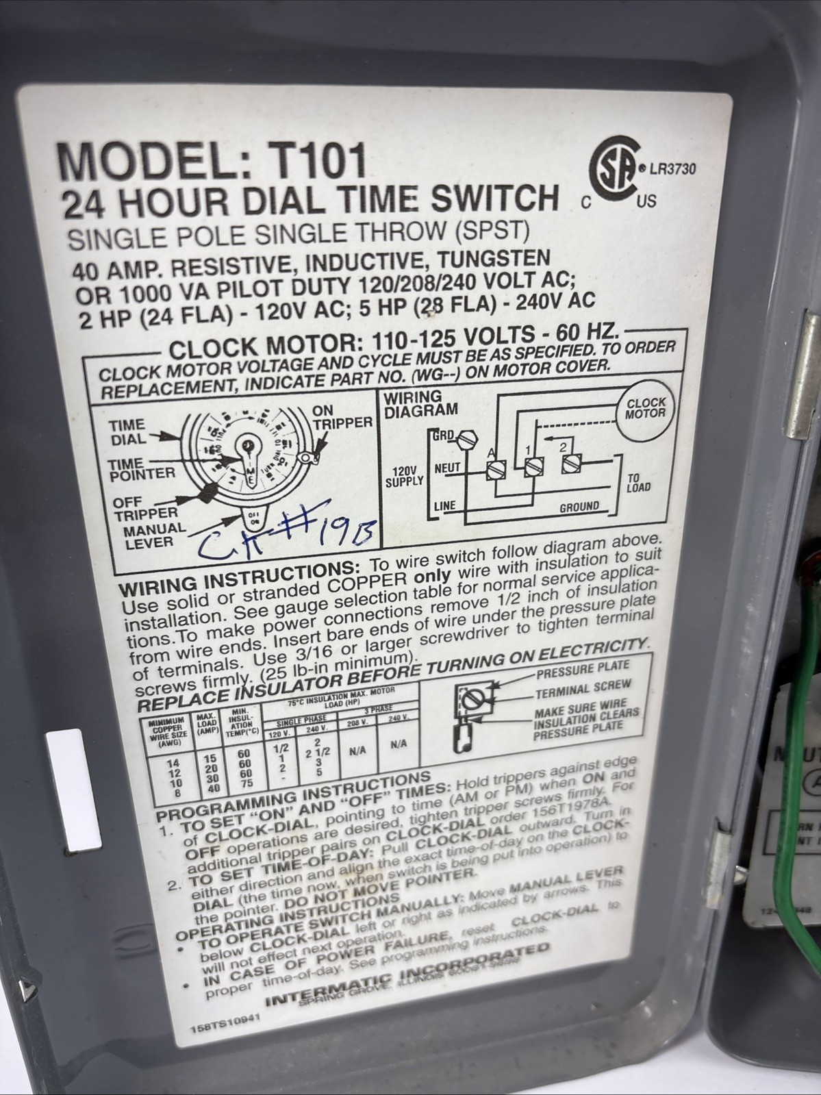 Intermatic 40A 24-Hour Mechanical Time Switch Indoor Enclosure T101