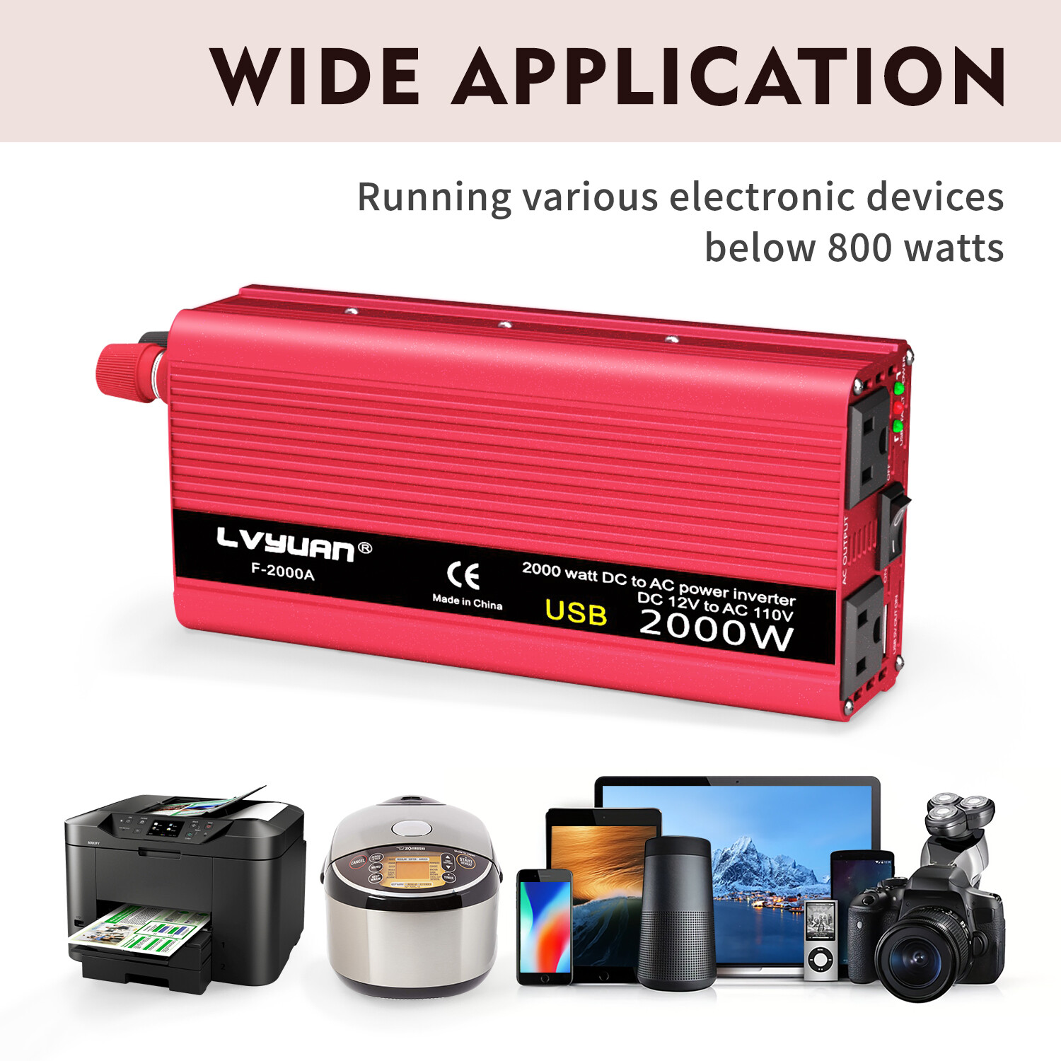 1000W / 2000W Peak Power Inverter 12V DC to 110V AC Converter with Battery Clamp