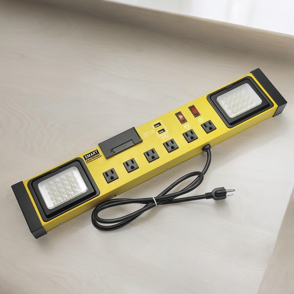 6-Outlet Power Strip with 4′ Cord Smart Electrician LED Lights USB Ports Tools
