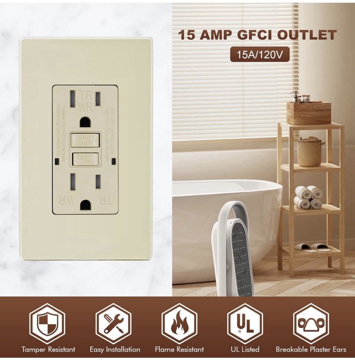 (QTY 1) Micmi GFCI 15A Tamper Resistant Outlet 15 Amp 120 Volt
