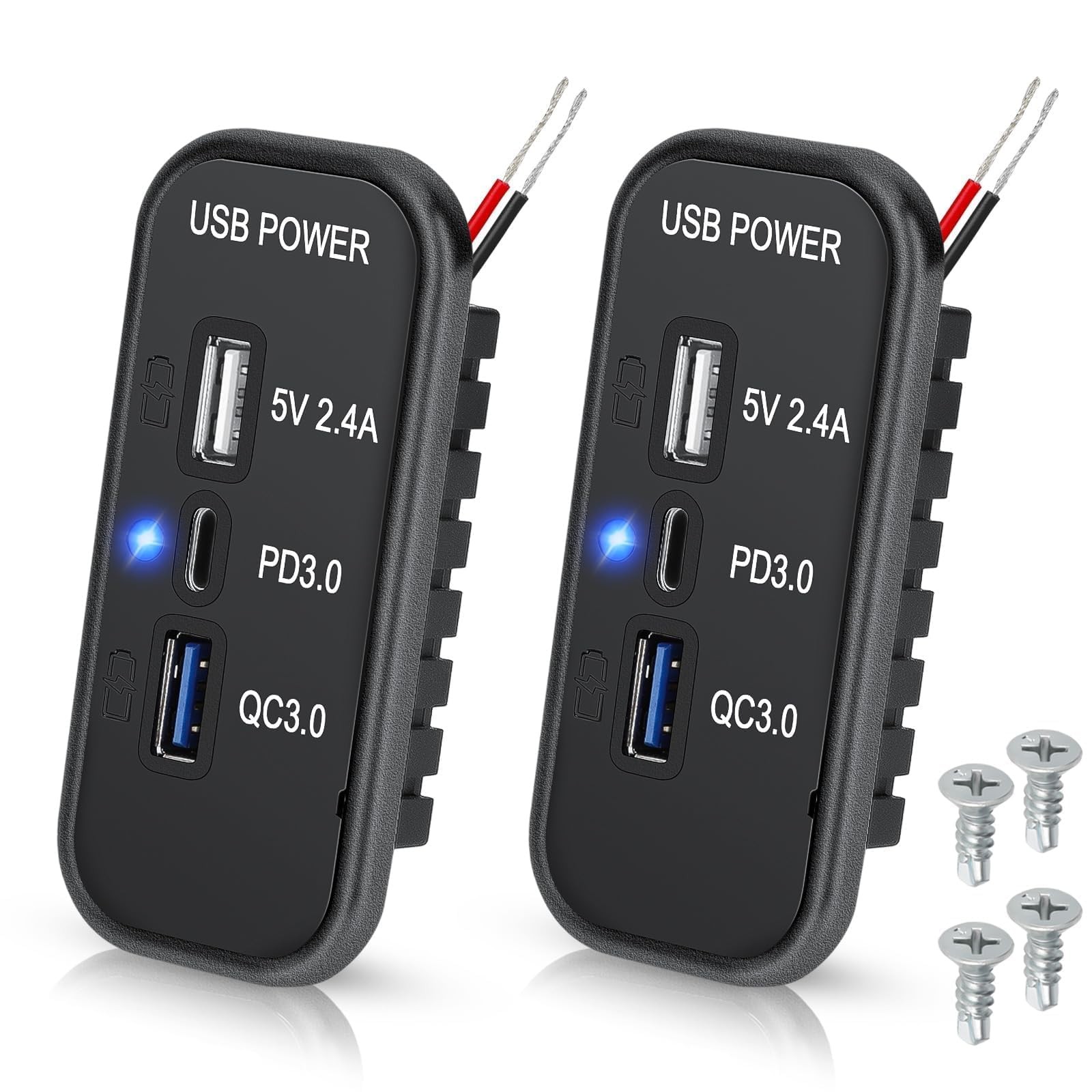 Linkstyle RV USB Outlet Panel: 12V/24V 3-Port Panel Mount Charger, 18W 2PCS