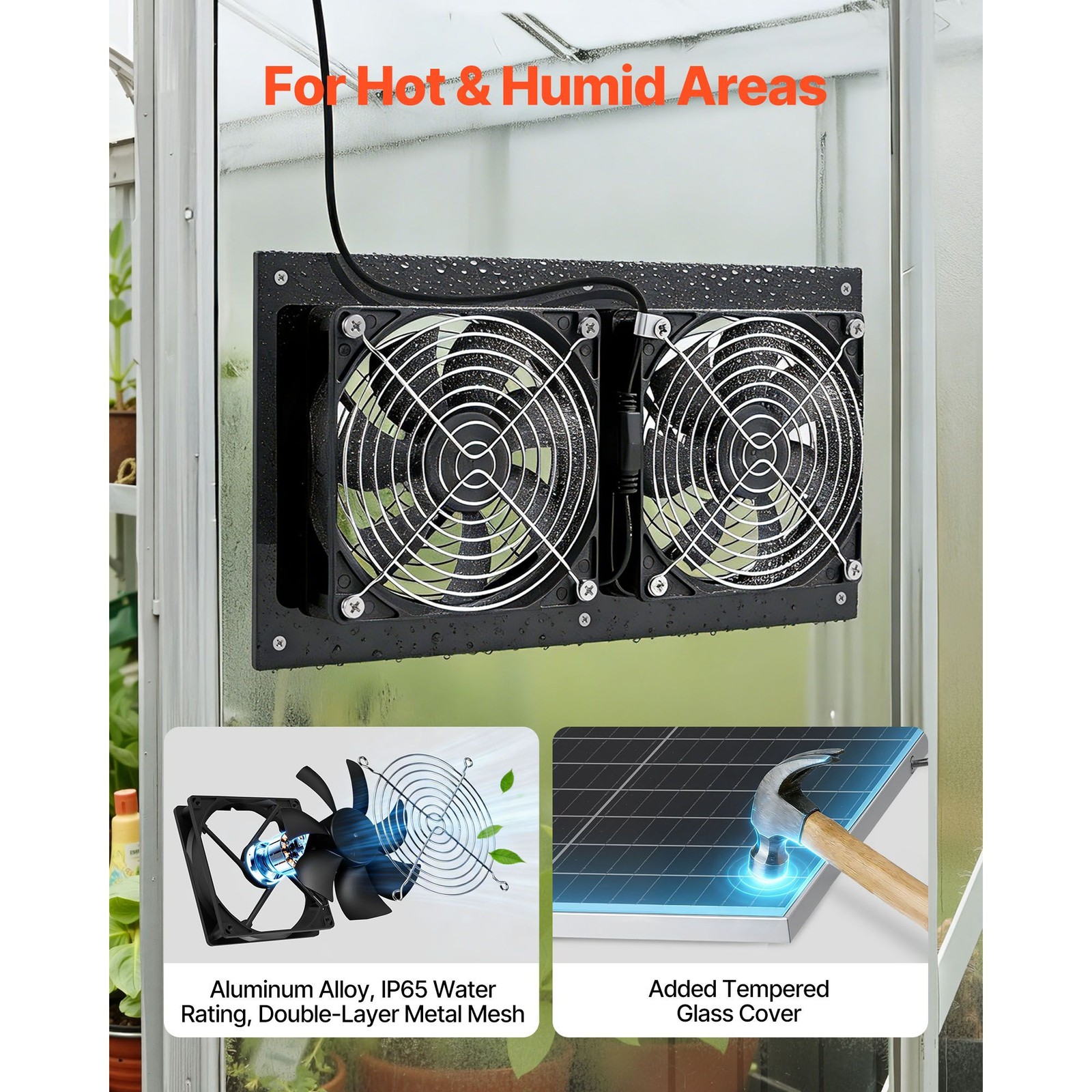 Solar-Powered Dual Fan: 15W Panel, 2668 RPM, 45 dB, for Grow Tents