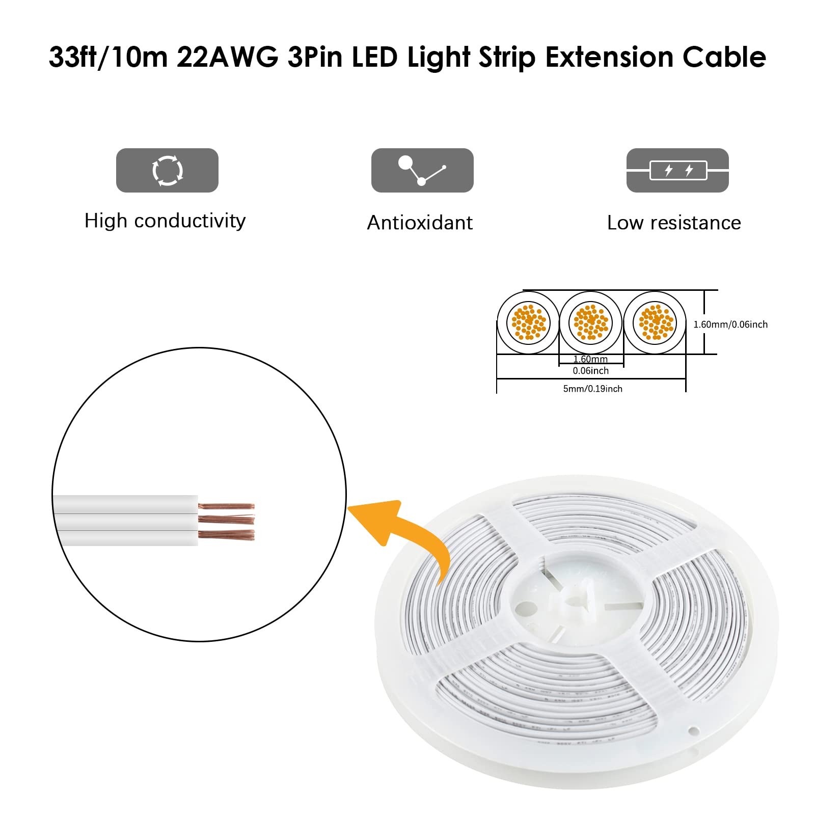 RGBZONE 10M 22AWG 3 Pin LED Light Strip Cable Cord, 3pin 22awg, White