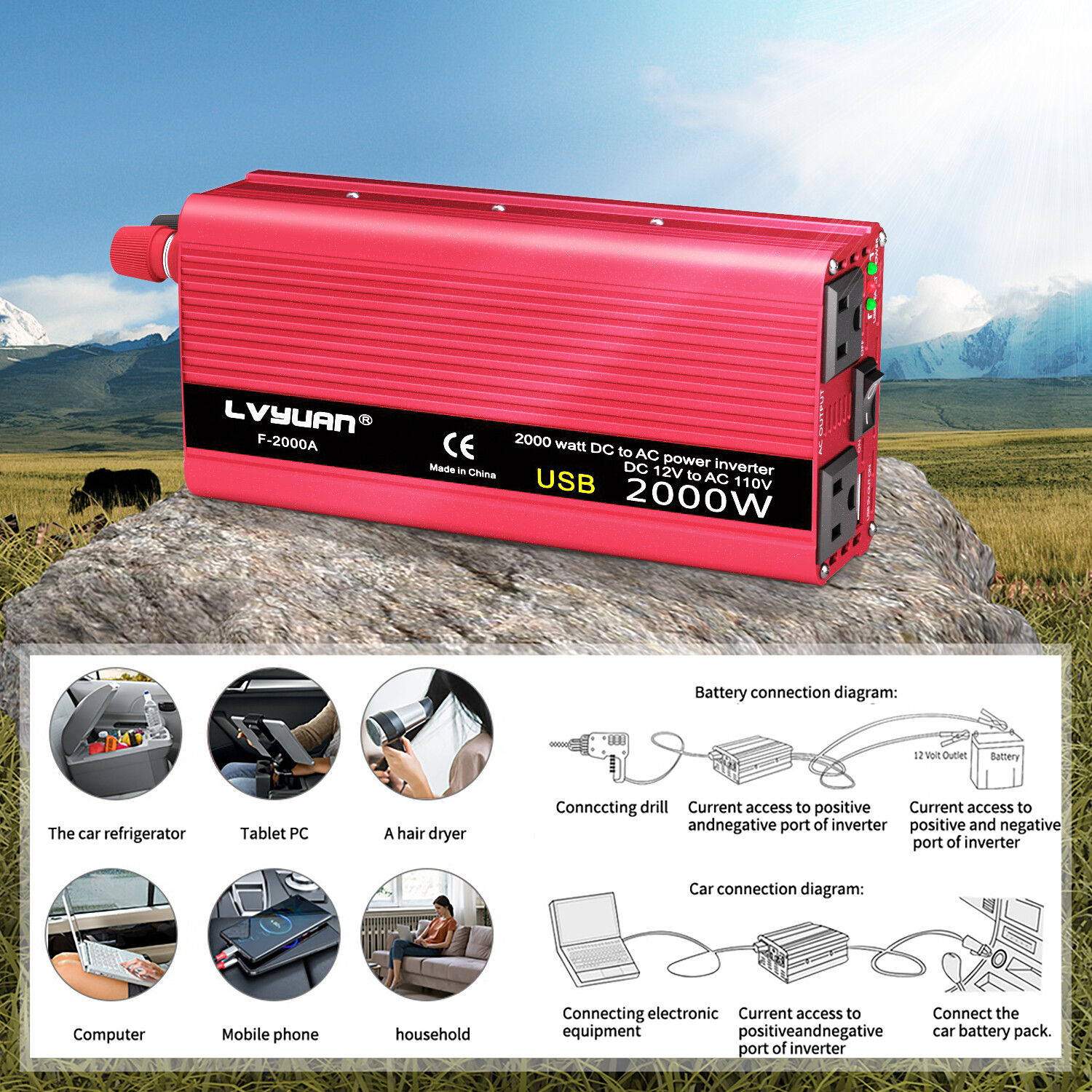 1000W / 2000W Peak Power Inverter 12V DC to 110V AC Converter with Battery Clamp