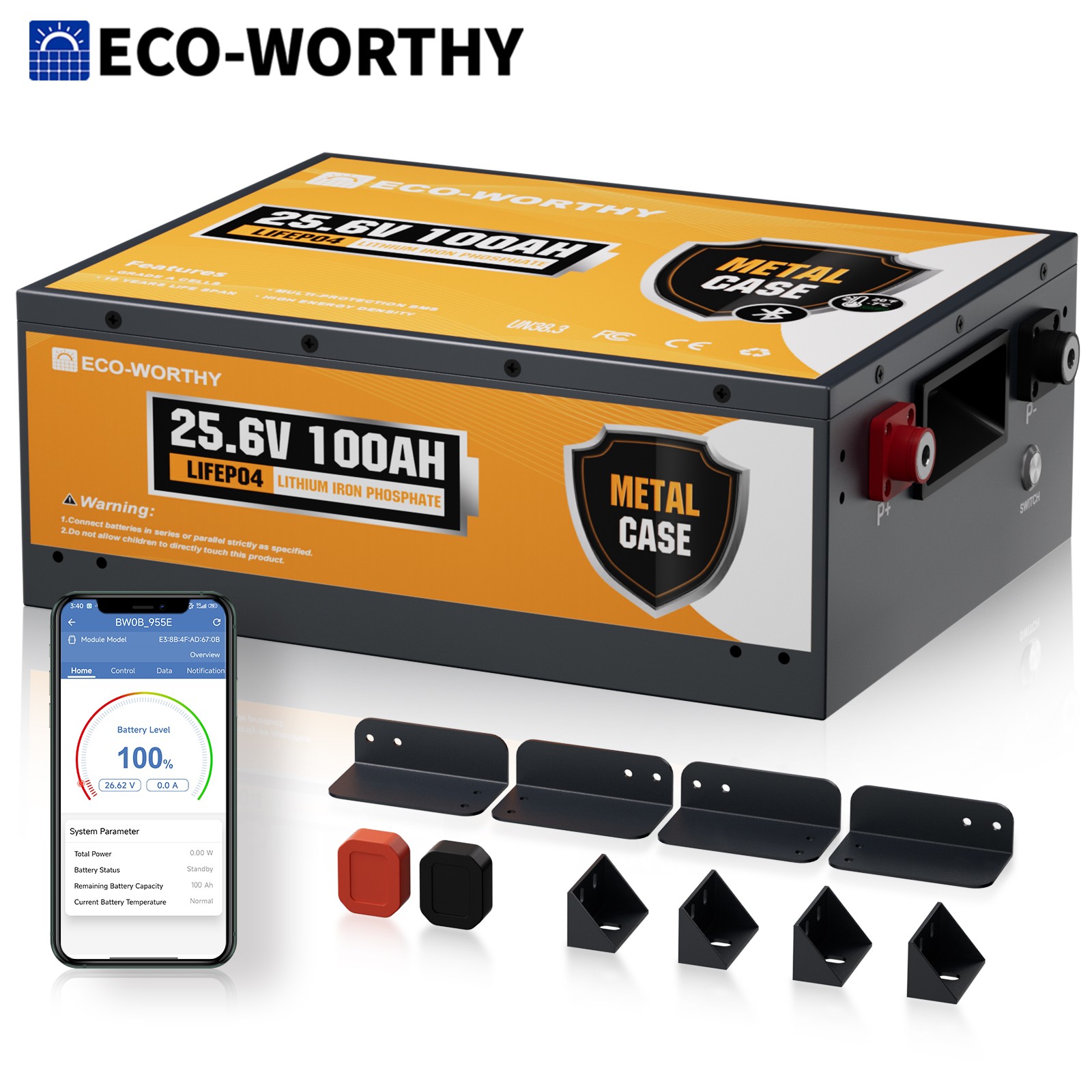 ECO-WORTHY 24V 100Ah Metal Case LiFePO4 Lithium Battery with BT 5.1 For Home