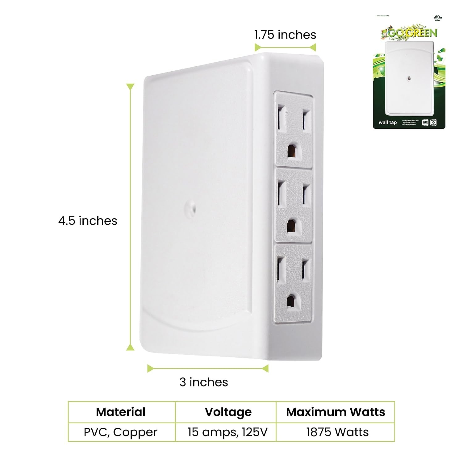 GoGreen Power GG-16000TSM – 6 Outlet Side Mount Wall Tap Adapter, White 1