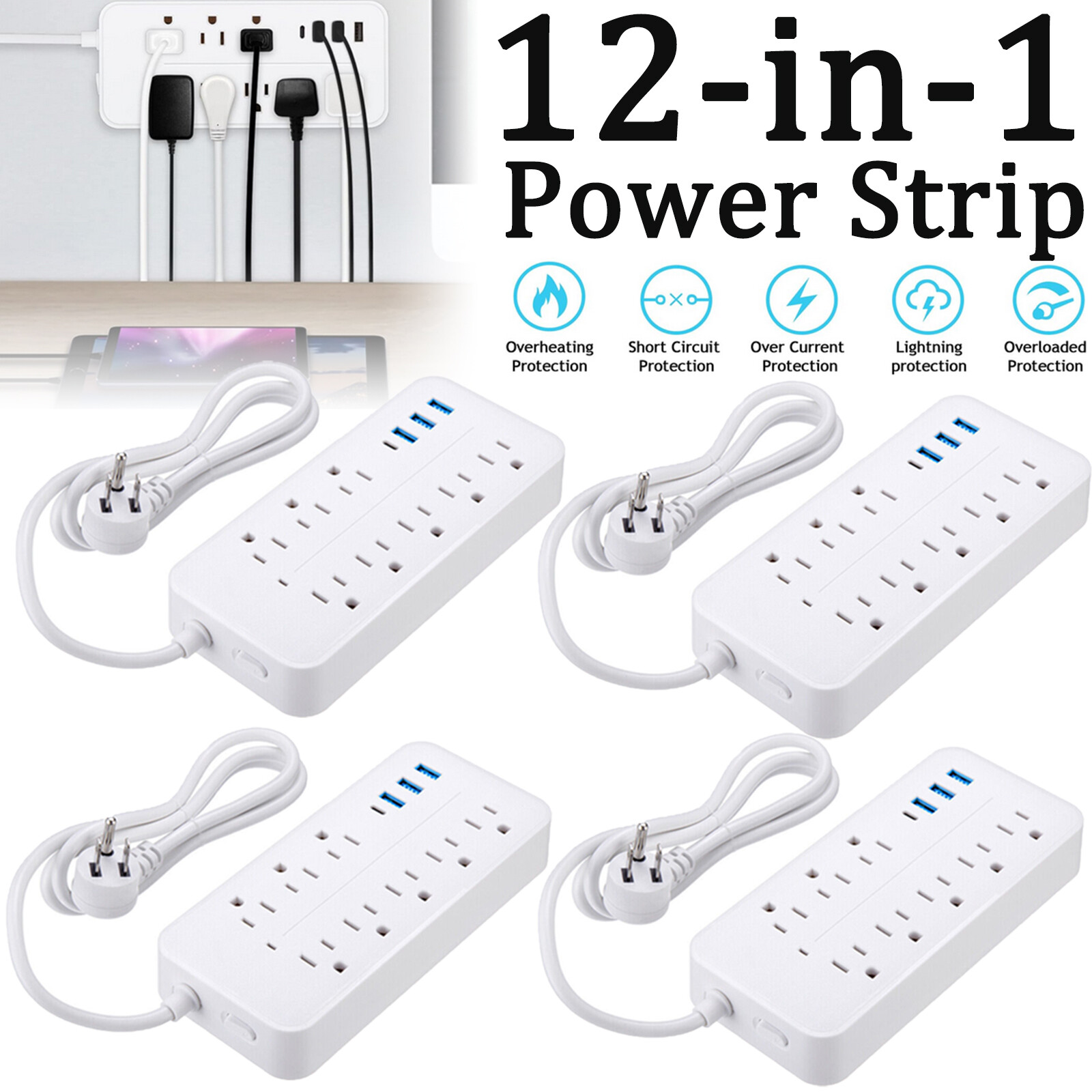 US Power Strip Surge Protector 8 AC Outlets 3 USB Ports Type C Port w/ 4FT Cable