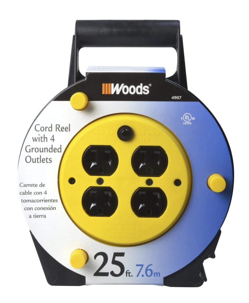 25′ 16/3 4 Outlets Manual Rewind Quad Outlet Extension Cord Reel Power Cable
