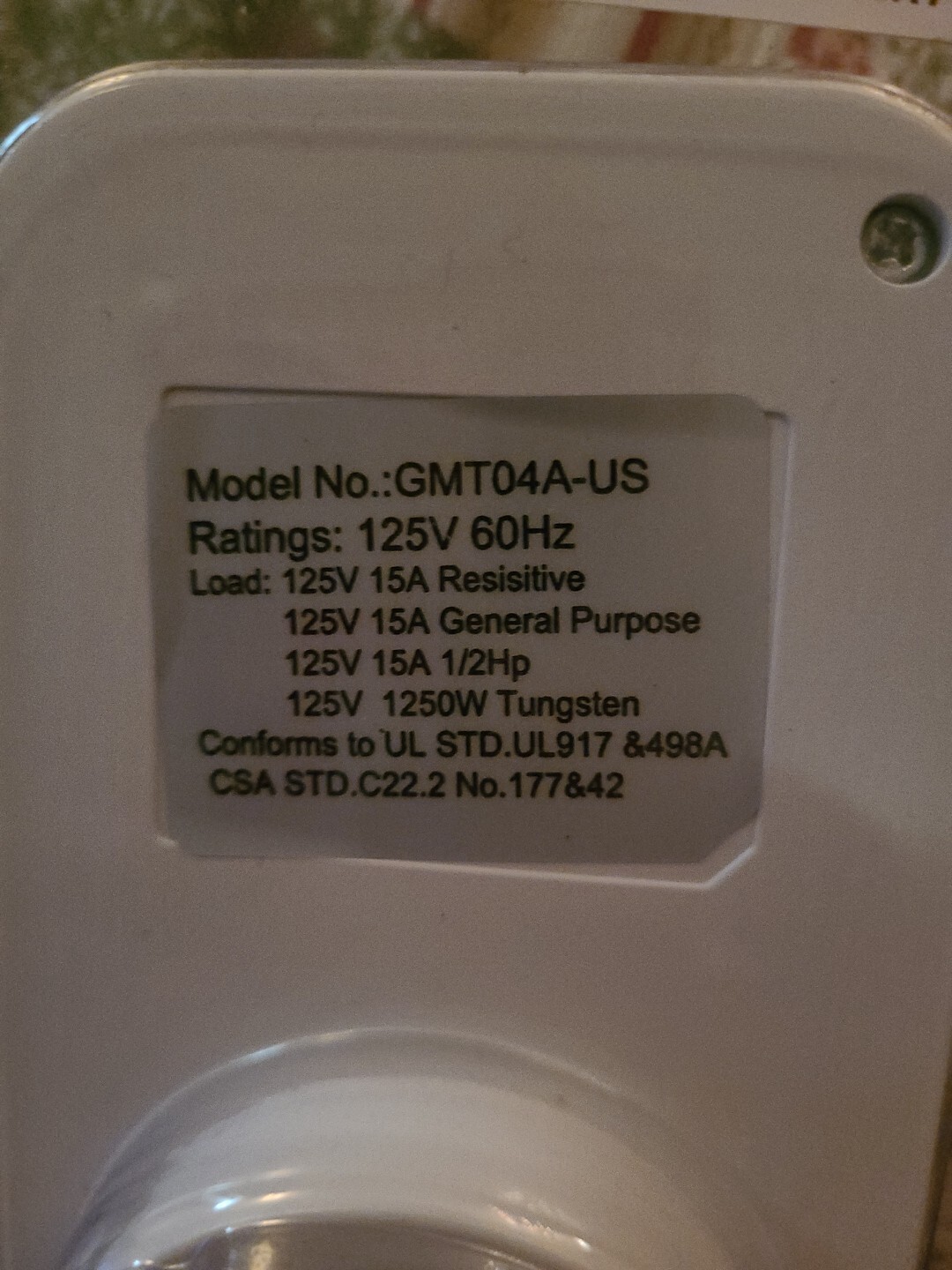 Plug-in Timer Model 24 Hours 15 Amps GMT04A-US