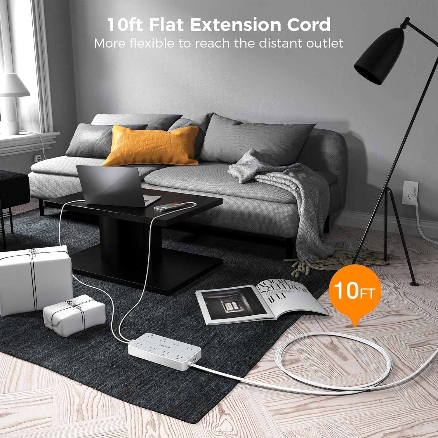 Multi-Port Charging Station 10FT Extension Cord with 8 Outlets & USB Ports