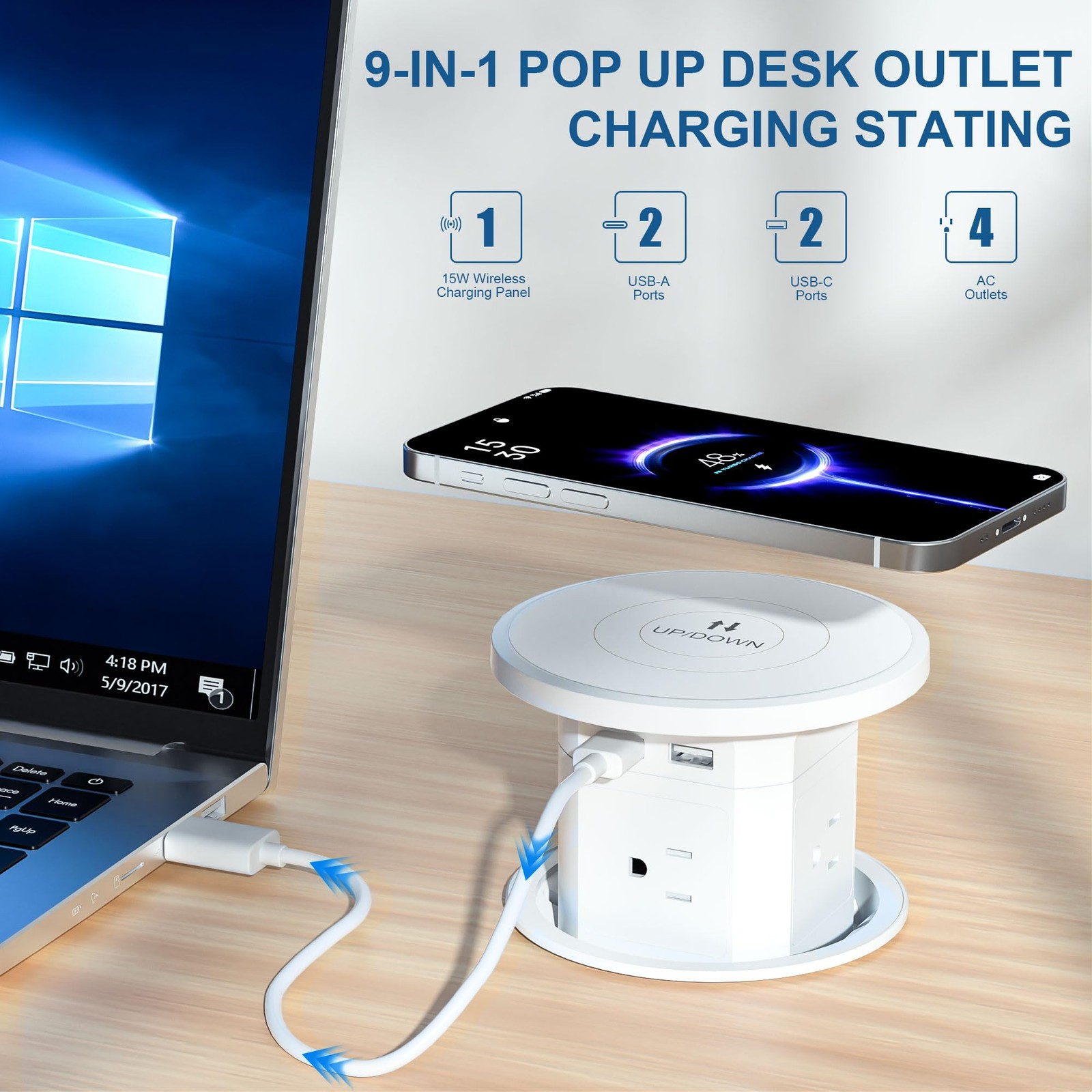 9-in-1 Pop-Up Outlet with Wireless Charging – 4 AC & 4 USB Ports,, etc.（2-Pack）