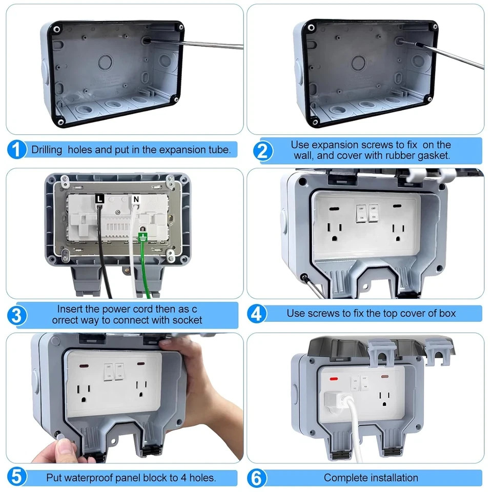 Double Outdoor Outlet with Box Waterproof IP66 Outdoor Electrical Receptacle, Ou