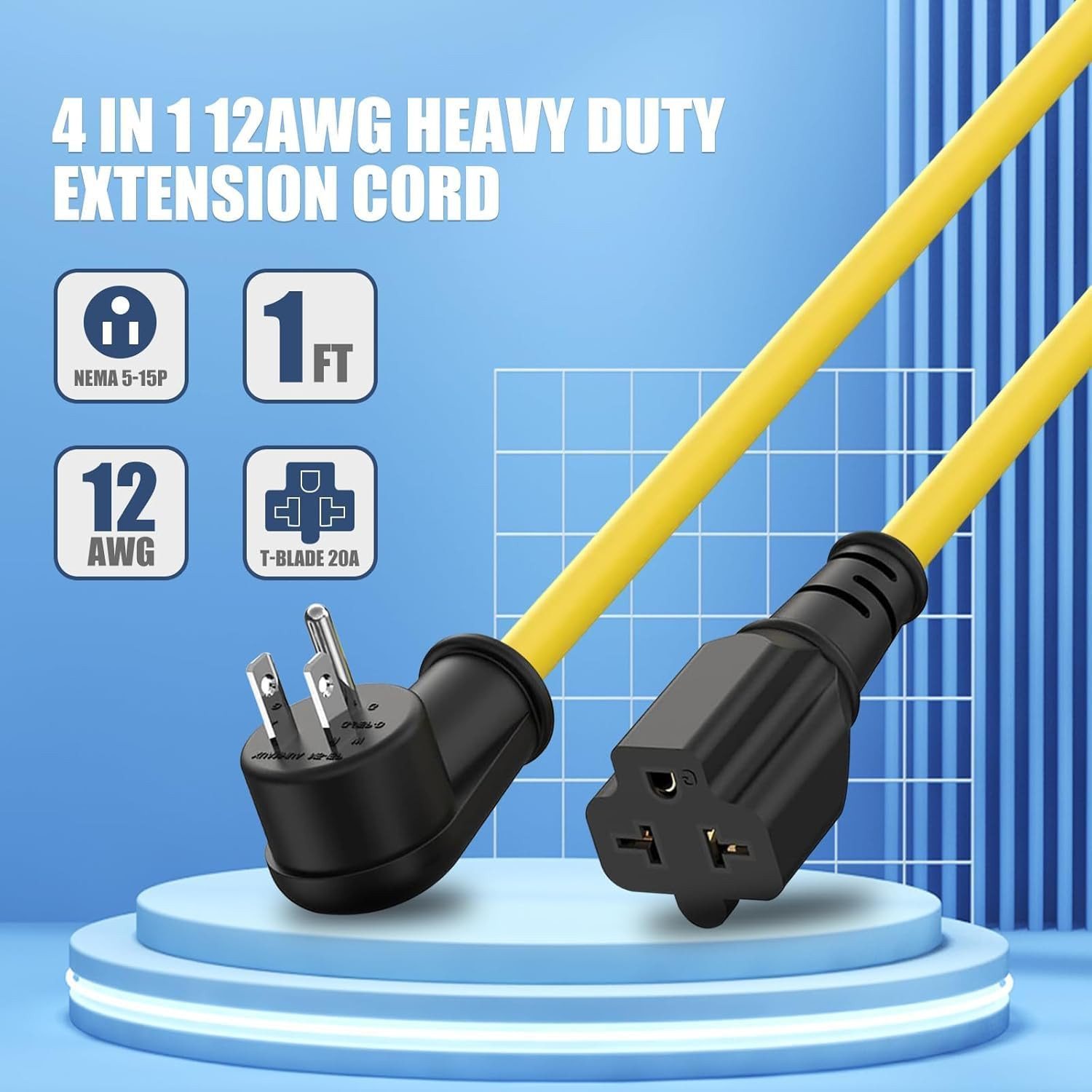 Heavy-Duty 20 Amp Extension Cord – 12AWG 1FT NEMA 5-15P to Bends