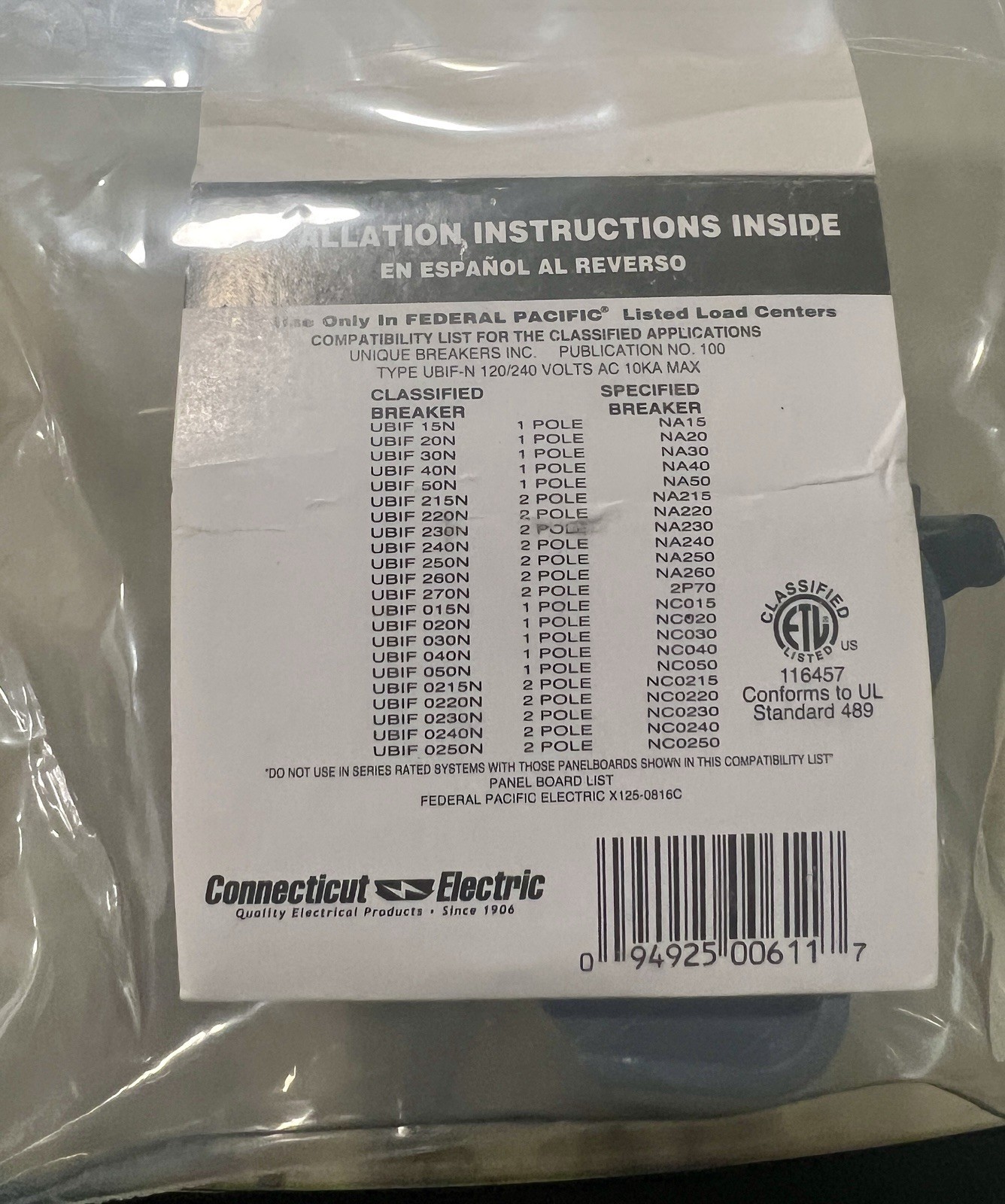 Connecticut Electric UBIF-230N UBI Type F 30A 2-Pole 120/240VAC
