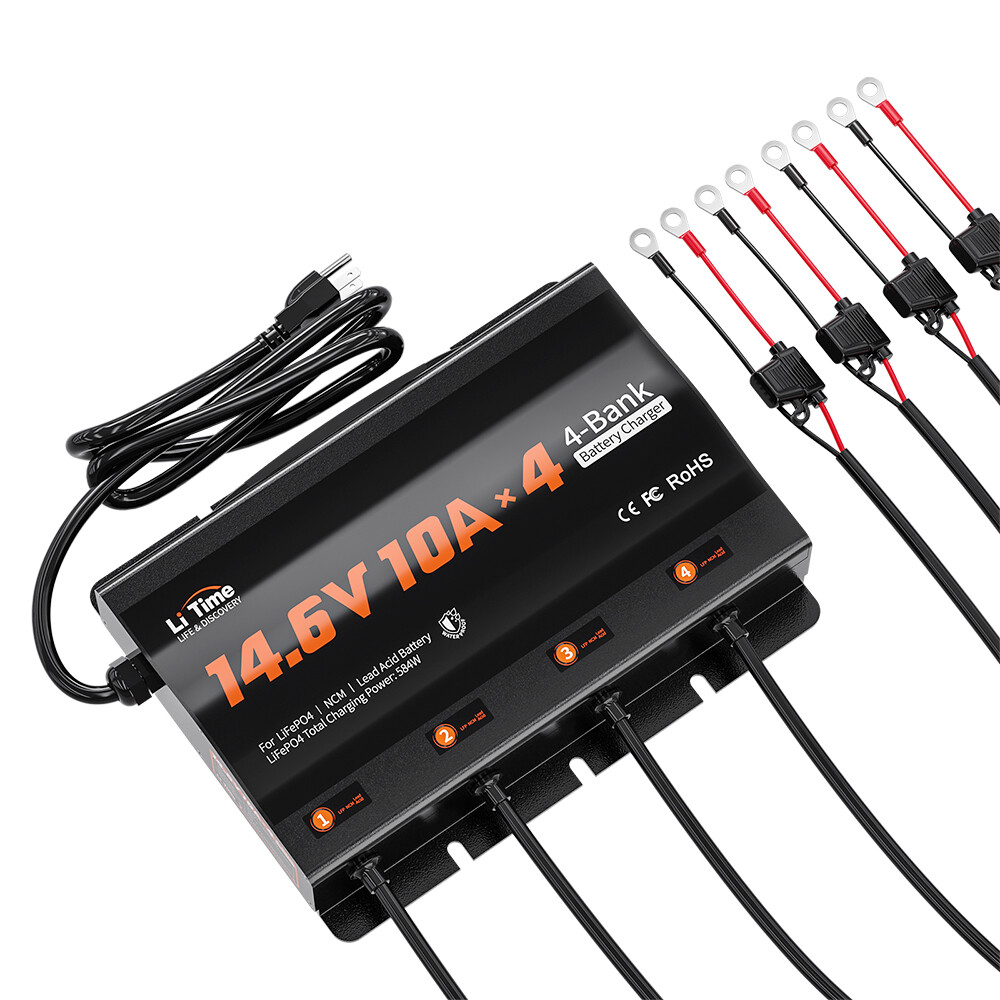 LiTime 14.6V 10A*4 Bank Charger for 12V Lithium LiFePO4 Lead Acid NCM Battery