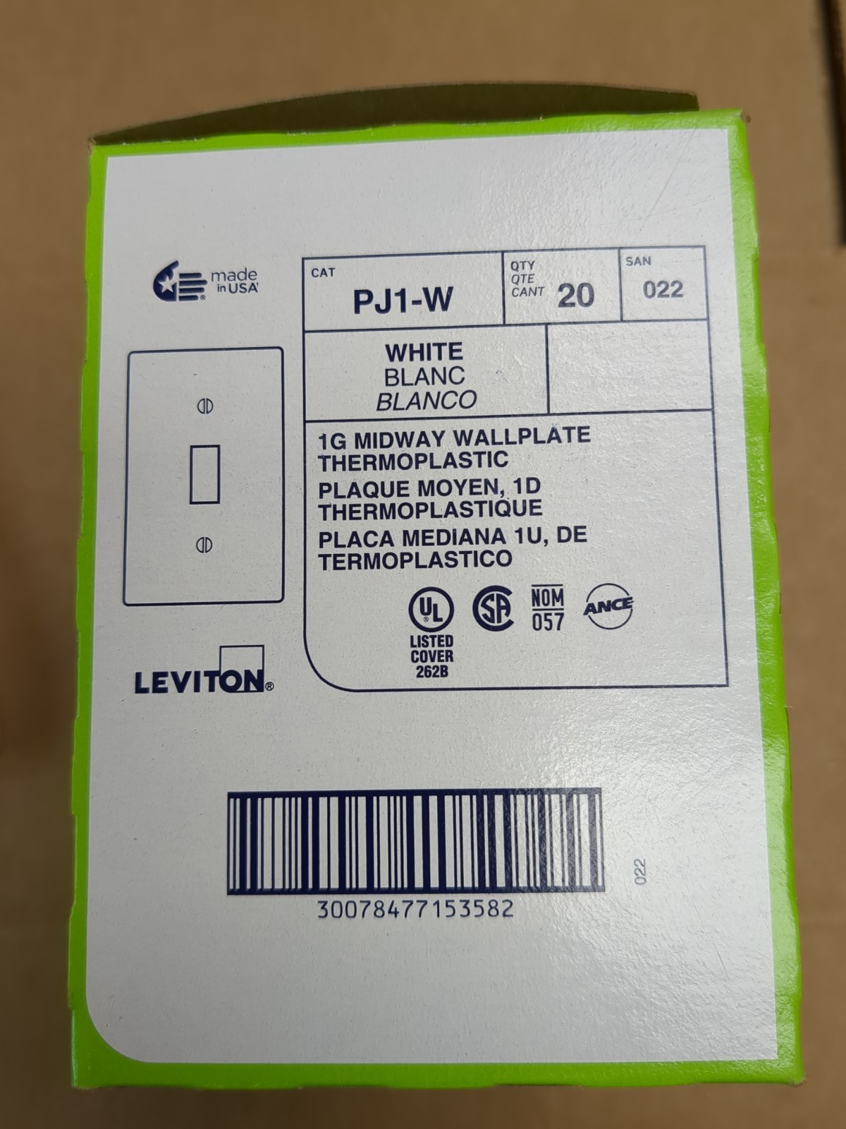 Box of 20 Leviton 1-Gang Midway WHITE Wall Plates Thermoplastic PJ1-W 022