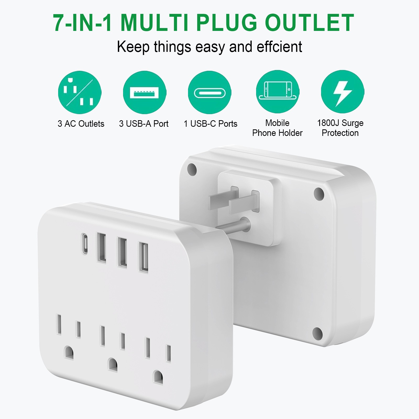 3 Outlet Extender 1800J Surge Protector With 4 USB Charger Port Wall Adapter Tap
