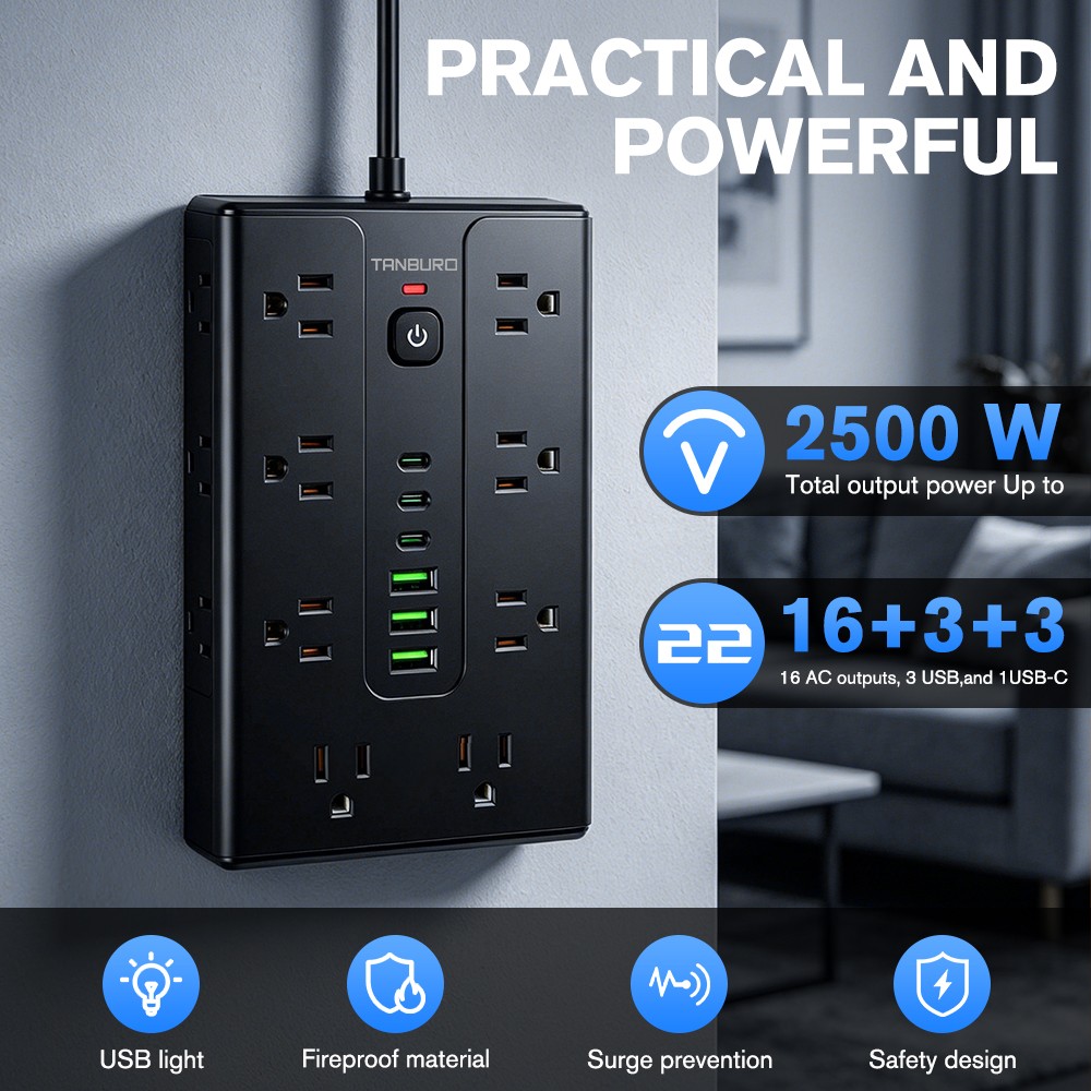Flat Plug Power Strip with 16 Outlet Extension Cord USB Port Surge Protector