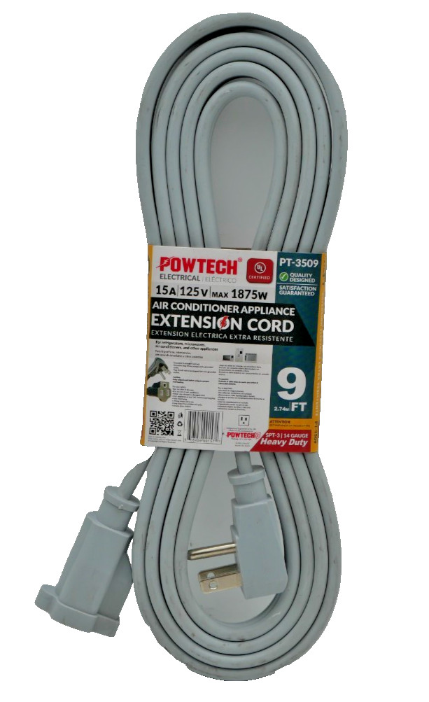 POWTECH 9 FT Heavy Duty Air Conditioner Appliance Extension Cord UL PT-3509 15A