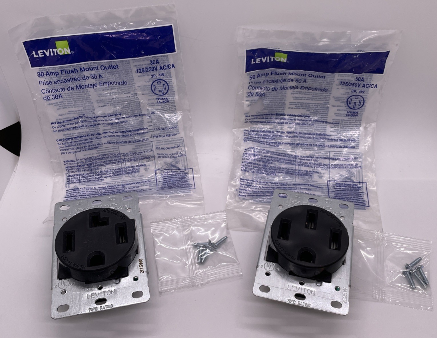 2 PK- Leviton Flush Mount Outlet Dryer Receptacle (1) 30Amp & (1) 50Amp 125/250V