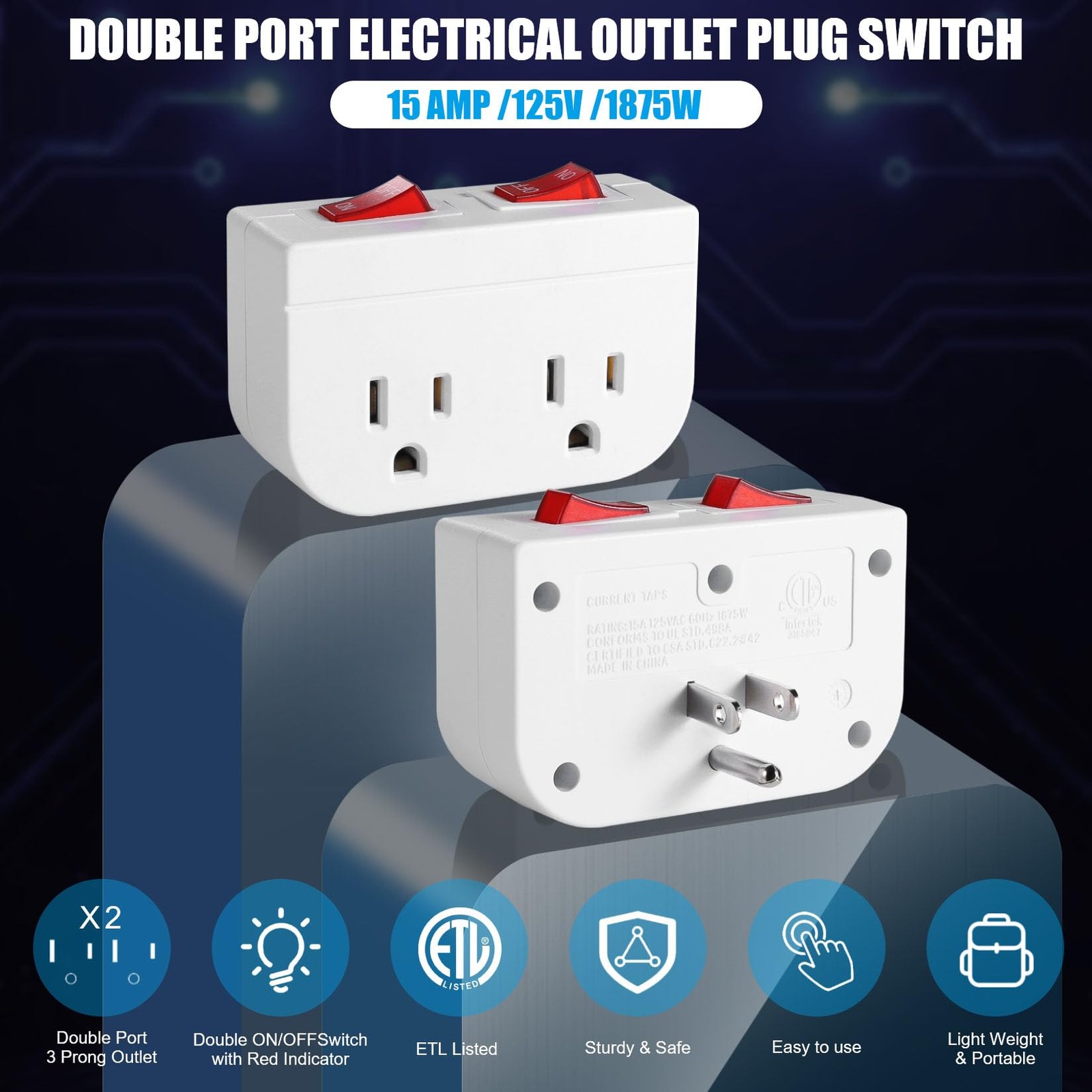 Grounded Outlet with Double ON Off Switch,VSEER 2 Port Electrical Outlet Plug…