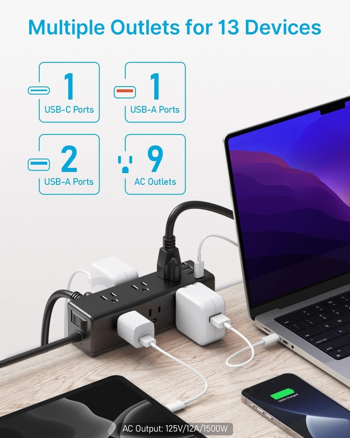 Desk Clamp Power Strip with 9 Outlets Desktop Edge Mount Surge Protector 6 FT