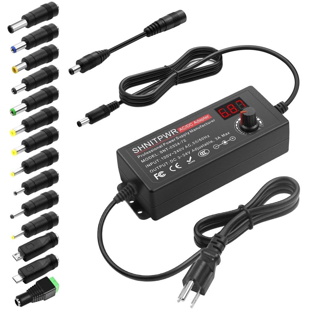 SHNITPWR 3V ~ 24V 3A 72W Power Supply Adjustable DC 5V 6V 9V 72W, Black