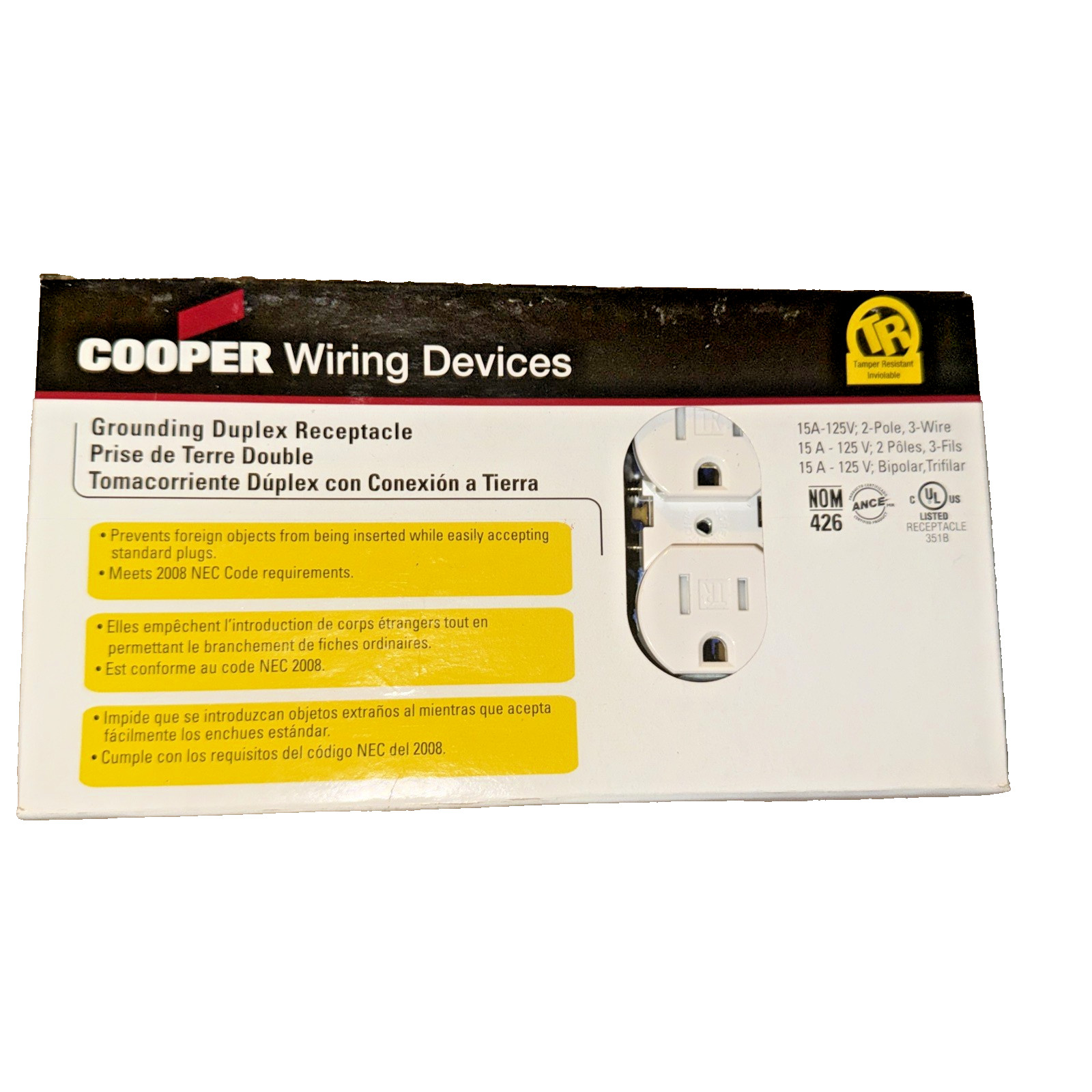 Cooper TR270W Grounding Duplex Receptacle 15A-125V 2-Pole 3-Wire 6 BOXES OF 10