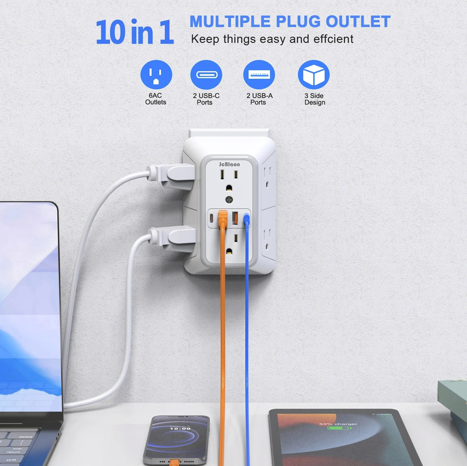 1pc Power Strip 6 AC Outlets 4 USB Ports 2 Type-C Fast Charger US – NEW