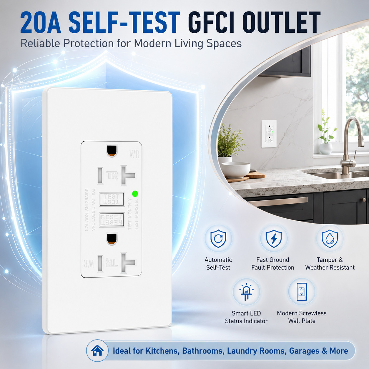 20 Amp Self-Test GFCI Outlet TR WR Duplex Receptacle with LED, White Wall Plate