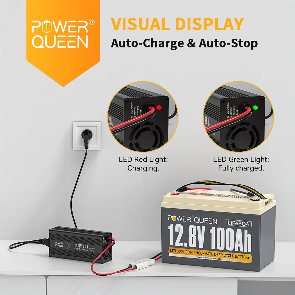 Power Queen 14.6V 20A Smart AC-DC Lithium Battery Charger for 12V 100Ah LiFePO4