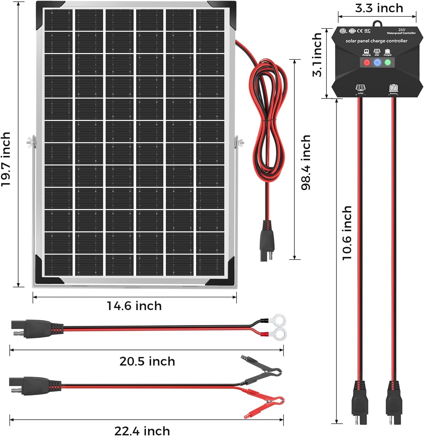 VOLTSET 24V 30W Solar Panel Kit Solar Trickle Charger, Charge 24V Battery of RV