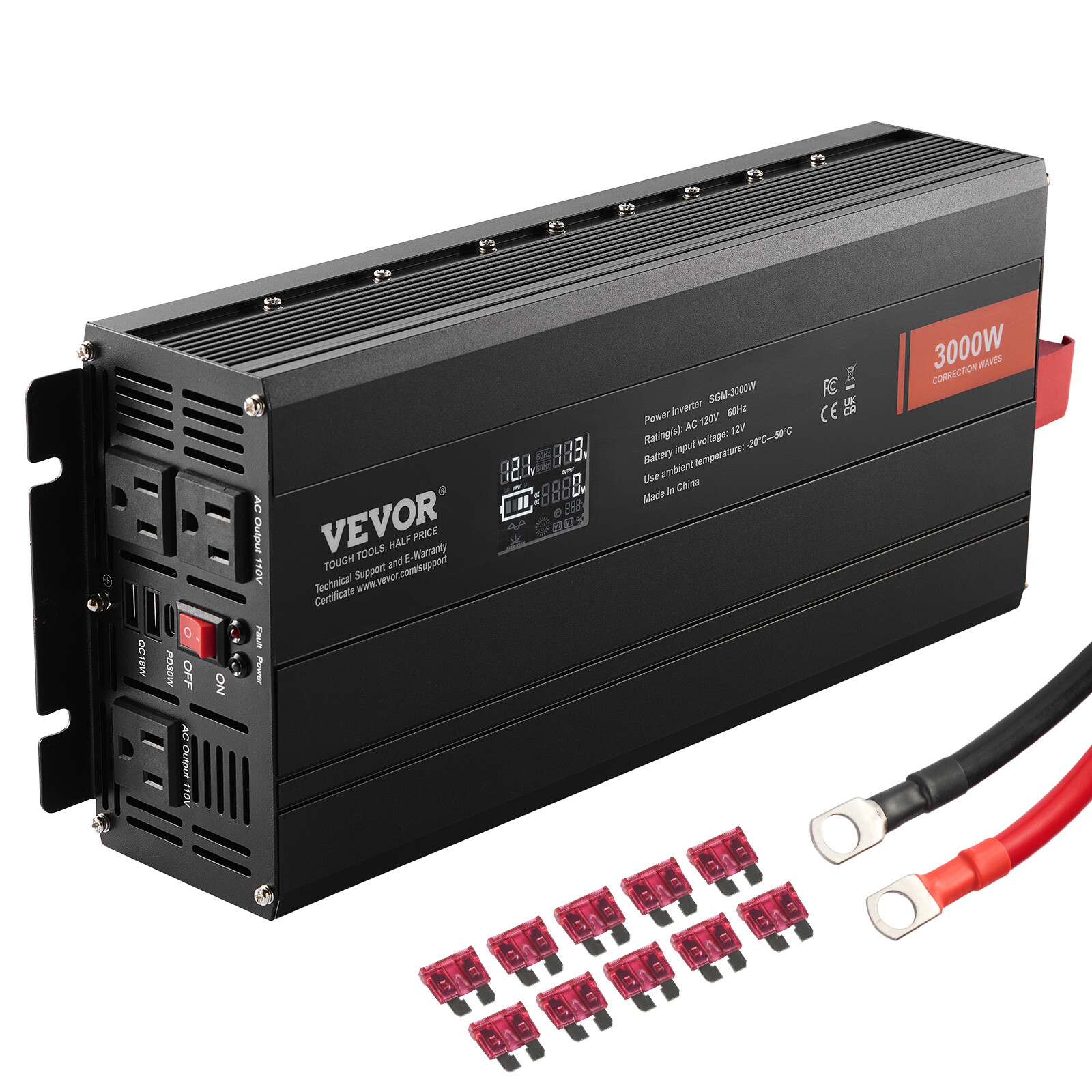 VEVOR Modified Sine Wave Power Inverter 3000W DC12V to AC120V LCD Display CE FCC